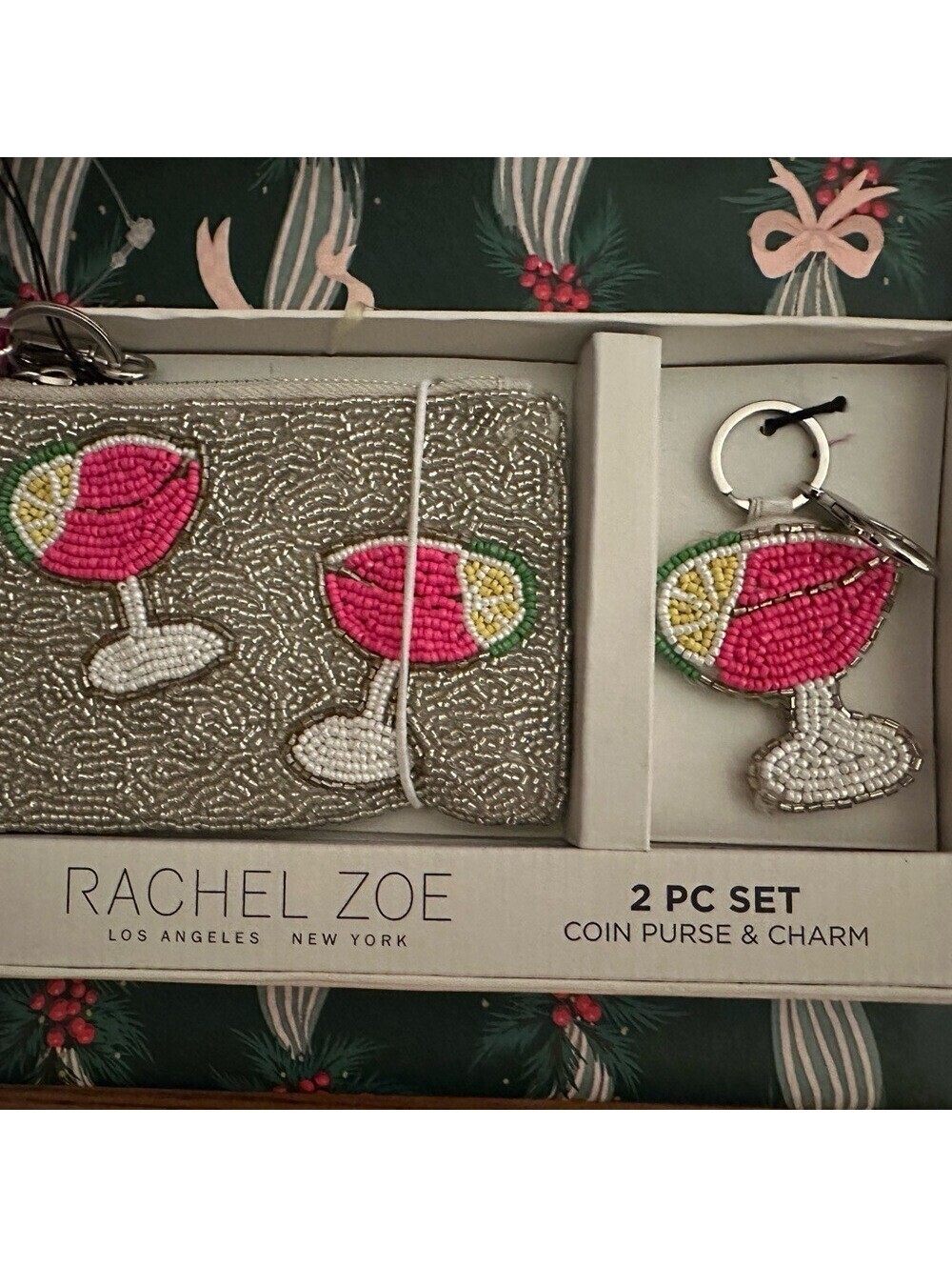 Rachel Zoe Silver Beaded Coin Purse & Pink Lime Cocktail Charm Set